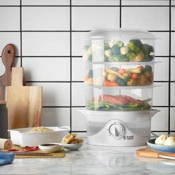 Russell Hobbs 3 Tier Electric Food Steamer, 9L, Dishwasher safe BPA free baskets, Stackable baskets, 1L Rice bowl inc, 60 min timer, Steams in 40 seconds