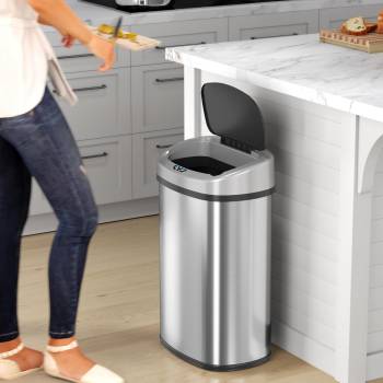 13 Gallon Automatic Touchless Sensor Kitchen Trash Can with AC Adapter and Odor Filter Kit, Stainless Steel, Oval Shape, Battery Free Operation with Included AC Adapter