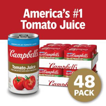 Campbell's 100% Canned Tomato Juice contains 30 calories and is an excellent source of vitamin C for easy absorption of nutrients.