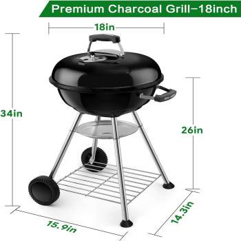 BEAU JARDIN Premium 18 Inch Charcoal Grill for Outdoor Cooking Barbecue Camping BBQ Coal Kettle Grill Tailgating Portable Heavy Duty Round with Thickened