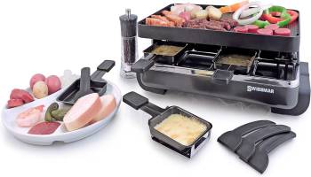 Swissmar KF-77041 Classic 8-Person Raclette Party Grill with Reversible Cast Aluminum Non-Stick Grill Plate/Crepe Top, Black