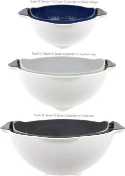 Tovolo Soak N Set of 3 Colander Separating Mixing Bowls for Straining and Washing Produce, Fruit, Berries, Pasta, and More-Assorted Colors