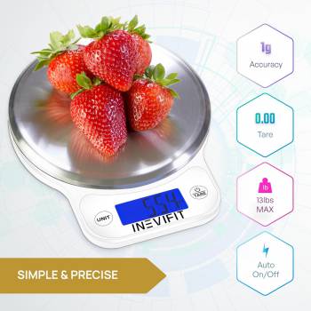 INEVIFIT DIGITAL KITCHEN SCALE, Highly Accurate Multifunction Food Scale 13 lbs 6kgs Max, Clean Modern White with Premium Stainless Steel Finish