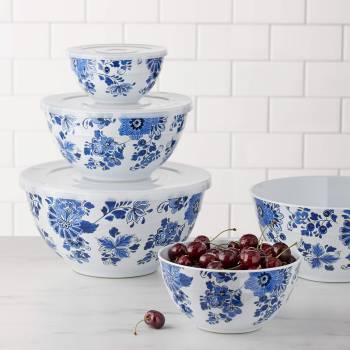 Amazon Basics Nesting Melamine Mixing Round Bowl with Lid and Non-Slip Base, 5 Sizes, Blue and White Floral, Set of 10, 4 quarts