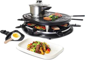 Total Chef 8 Person Raclette and Cheese Fondue Set with Granite Stone, Non-Stick Electric Indoor Grill, Tabletop Cooking, Accessories Included