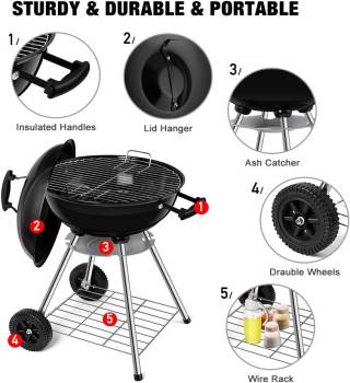 BEAU JARDIN Premium 18 Inch Charcoal Grill for Outdoor Cooking Barbecue Camping BBQ Coal Kettle Grill Tailgating Portable Heavy Duty Round with Thickened