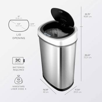 NINESTARS DZT-50-9 Automatic Touchless Infrared Motion Sensor Trash Can, 13 Gal 50L, Stainless Steel Base (Oval, Silver/Black Lid)