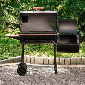 Char-Griller® Smokin’ Pro Charcoal Grill and Offset Smoker with Cast Iron Grates, Premium Shelves and Side Fire Box Attachment, 830 Cooking Square Inches