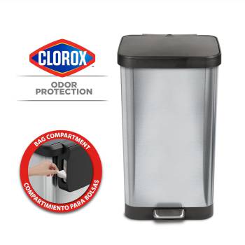 Glad Stainless Steel Step Trash Can with Clorox Odor Protection | Large Metal Kitchen Garbage Bin with Soft Close Lid, Foot Pedal and Waste Bag Roll Holder, 20 Gallon, Stainless