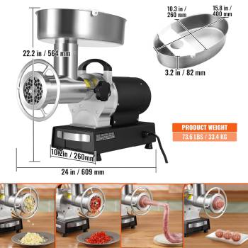 VEVOR Electric Meat Grinder, 992 Lb/H Capacity, 1100W (4600W MAX) Industrial Meat Mincer w/ 2 Blade, 3 Grinding Plates