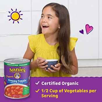 Made with organic ingredients, Annie's Creamy Tomato & Bunny Pasta canned soup is kid-approved in over 20 family-friendly categories