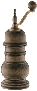 The exterior of the hand-cranked pepper mill is designed with wood in a classic German 100-year-old style