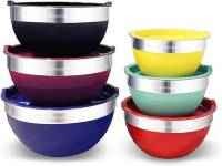 Bright and Bold, this set of 6 vibrant-colored mixing bowls has a flawless brushed stainless steel interior