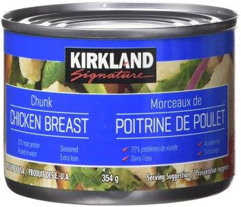 Kirkland canned chicken breast products packed in water, premium Chunk, high quality perfect for nutritional needs