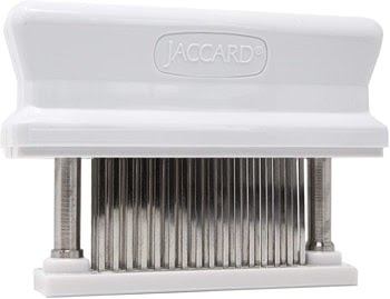 Jaccard Original Meat tenderizer with 48 double-sided stainless steel sharp blades easily penetrates the connective tissue of the meat