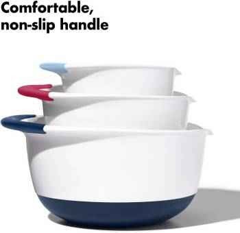 The OXO Good Grips mixing bowl set enhances the experience from beating eggs and mixing cupcake batter to making cake batter, almond milk