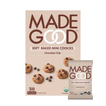 MadeGood Soft Baked Chocolate Chip Mini Cookies, Gluten Free & Safe For School Snacks, 30 Count