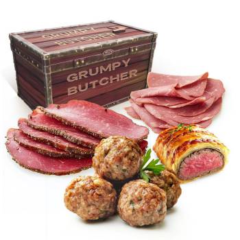 Grumpy Butcher Large Royal Holiday Gift Package 12 Mini Beef Wellingtons, 20 Artisan Meatballs, 1 Pastrami & 1 Corned Beef - Grumpy Signature Food Gifts