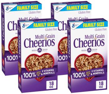 Cheerios Multi Grain Cheerios Heart Healthy Cereal, 18 OZ Family Size Cereal Box (Pack of 4)