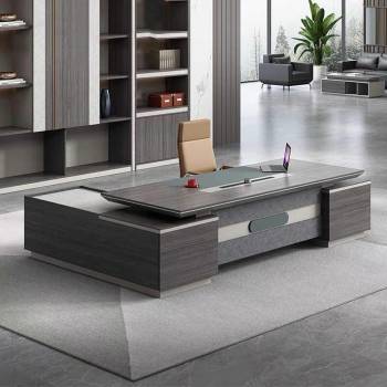 Gray Modern Computer Desk, Executive Office Desk with File Drawers Study Writing Table Business Furniture Workstation for CEO Boss