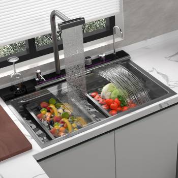 33x22 Inch 304 Stainless Steel Kitchen Sink with Pull-Out Swivel Faucet, Water Purification, Soap Dispenser Smart Digital Features, Single Bowl Double Waterfall Design