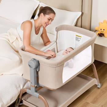 ANGELBLISS 3 in 1 Baby Bassinet, Rocking Bassinets Bedside Sleeper with Comfy Mattress and Wheels, 6 Height Adjustable Easy Folding Portable Bedside Crib for Newborn Infant