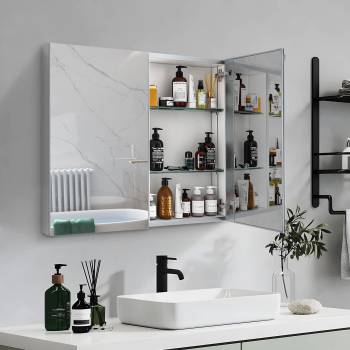 30x26 inch Double Door Mirror Medicine Cabinet Surface Mount or Recess Aluminum