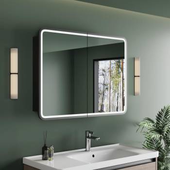 Medicine Cabinet with LED Lights and Mirror, 32W x 30H Inch Wall or Recessed Mounted Bathroom Cabinet with Left Open Door, Storage Shelf, Defogger, Memory Function, 3-Color Mode, Dimmer, Black