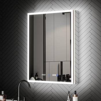 ExBrite 24 x 32 Lighted Medicine Cabinet with Mirror, Front&Backlit led Medicine Cabinet,Clock Temp Display,Defog,10x Magnifier,3 Colors Temper Dimmable,Surface or Recessed Mount,Hinge on The Right