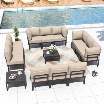 14-Piece Metal Patio Furniture Set Modern Outdoor Sectional Sofa with 5-Inch Cushions and Coffee Table, Metal Patio Conversation Sets for Backyard, Deck, Garden Lounge Seating Area