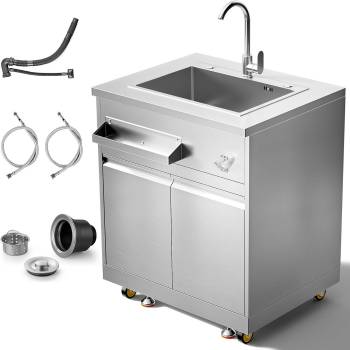 BODEGA Stainless Steel Outdoor Kitchen Sink Cabinet, Outdoor Sink With Hose Hook Up,Single Bowl Kitchen Sinks With Brake Wheels & Spice Rac, All-Weather