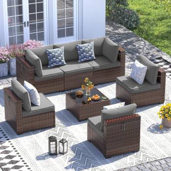 7 Piece Outdoor Patio Furniture Set with Wicker Modular Sectional Sofa, Waterproof Cover Included, Conversation Sectional Seating for Deck Backyard Lounge Area