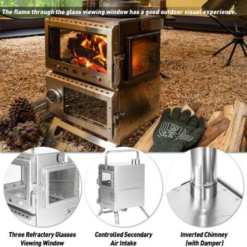POMOLY Camping Tent Stove Oven Wood Stove, Baker Stainless Steel Wood Burning Stove for Hiking, Cooking, Heating (with Oven)