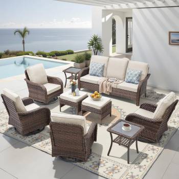 9-Piece Outdoor Patio Furniture Set with Sofa, Ottomans, and 2 Side Tables for Balcony Deck Backyard Patio
