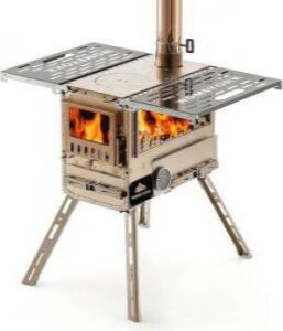 Multi-Fuel Camp Stove with Baking Oven & Steel Chimney Pipe – Portable Tent Stove for Outdoor Shelter Heating, Cooking, and Wilderness Survival(Golden)