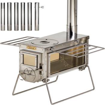 XCMAN Camping Tent Wood Stove with 6 Section Chimney Pipes,Three-View Windows Portable Wood Stove, Ice Fishing Shelters, Hunting, Outdoor Cooking Heavy Gauge 304 Stainless Steel