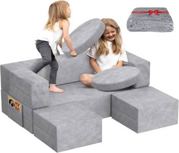 BIERUM Kids Couch, 6PCS Modular Kids Play Couch with Blanket, Kids Sofa Couch for Playroom & Indoor, Convertible Toddler Couches for Girls and Boys