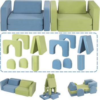 Kids Couch, Modular Kids Play Couch with 1000+ Building Options, Super Comfy Convertible Sofa for Playroom, Ideal Gift for Children，Blue/Green