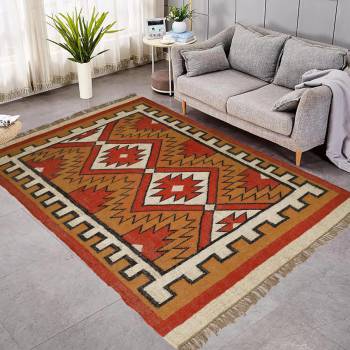 Handwoven Wool Area Rug – Geometric Tribal Design with Red and Beige Tones, Flatweave Carpet with Fringe for Living Room, Bedroom or Entryway Décor (10X10 FEET)