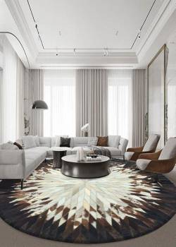 Round Leather Area Rug | Modern Cowhide Patchwork Carpet | Luxury Non-Slip Floor Accent for Dining & Living Room | Modern Area Rug for Bedroom Ideal for High Traffic Areas Size:10X10 ft