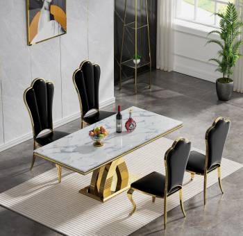 Marble Dining Table Set and Chairs, 70" Faux Marble Top Kitchen & Dining Room Tables Sets, Luxury 7 Piece 6 Chair Rectangular Kitchen Dinette Sets with High Back Chairs Stainless Steel Legs