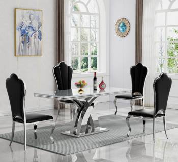 70in Marble Dining Table Set for 4,Luxury 5-Piece White Silver Dining Room Table Set with 4 Leather Upholstered Chairs,Modern Faux Marble Kitchen Table Set with X-Shape Stainless Steel Base