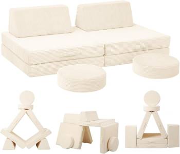 MeMoreCool Kids Couch for Playroom, Corduroy Convertible Toddler Couch, 8 Piece Modular Play Sofa, Foam Fort Building Set for Child Room Furniture, Beige