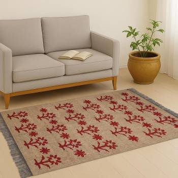 Wool Jute Area Rug with Floral Pattern, Beige and Red with Gray Fringe Border (8X12 FEET)