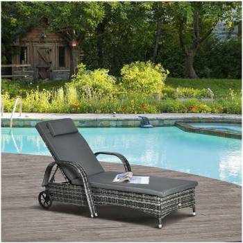 Patio PE Wicker Chaise Lounge with Wheel, Wicker Outdoor Chaise Lounge, Outdoor Cushioned Wicker Chaise Lounger Adjustable Sun Lounger for Outside Sunbathing Camping Pool Beach