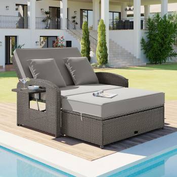 PE Wicker Rattan Double Chaise Lounge in Gray - 2-Person Reclining Daybed with Adjustable Back, Cushions, and Free Furniture Protection Cover