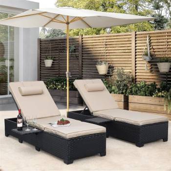 Patio PE Wicker Chaise Lounge, Outdoor Cushioned Wicker Chaise Lounger with Adjustable Backrest, Upgraded Adjustable Sun Lounger for Outside Sunbathing Camping Pool Beach