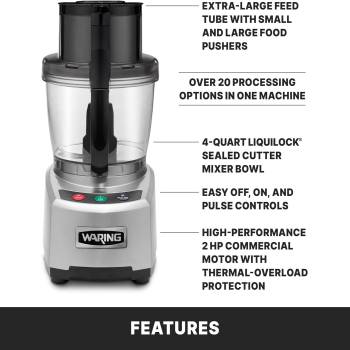 6 Best Food Processors on Amazon 1 Waring Commercial WFP16S 4 Quart Food Processor, 2 HP Motor, Extra Large Feed Tube, Patented LiquiLock Seal Bowl System, Includes Shredding, Slicing, Whipping Disc and a Standard S blade for Chopping, Pureeing, and Emulsyfying